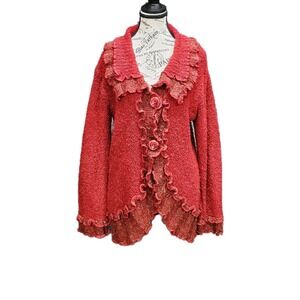 Gizel Cardigan Women 1X Red Bouclé Knit Ruffle Trim Button Front Lagenlook Artsy